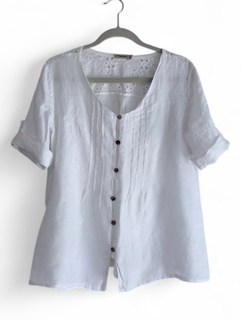 Lungo L'Arno 100% Linen White Pintuck Roll Sleeve Button Down Shirt Size L - Picture 1 of 8